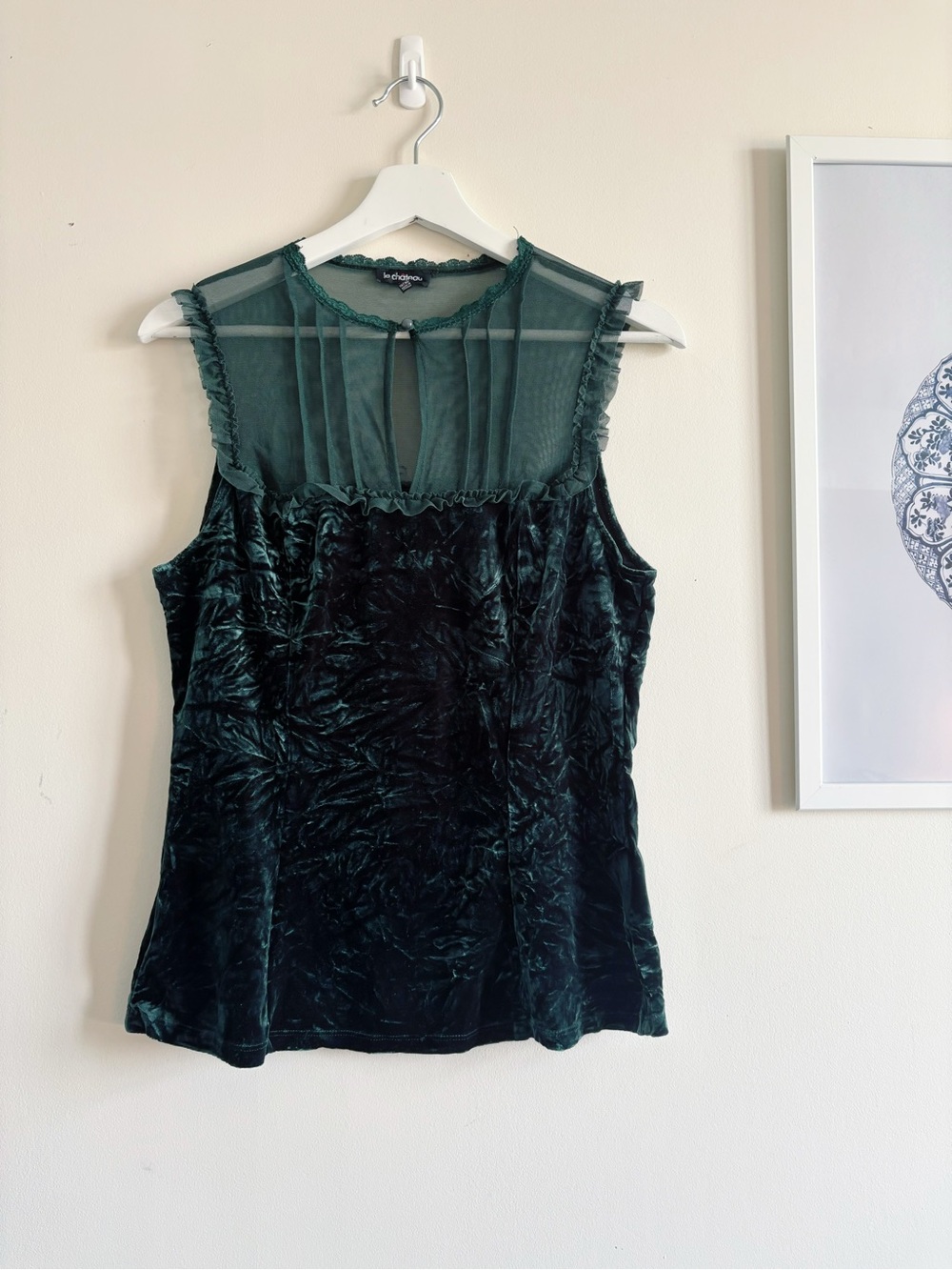 VTG 90s Le Chateau Emerald Green Crushed Velvet Mesh Top Made in Canada | Size M